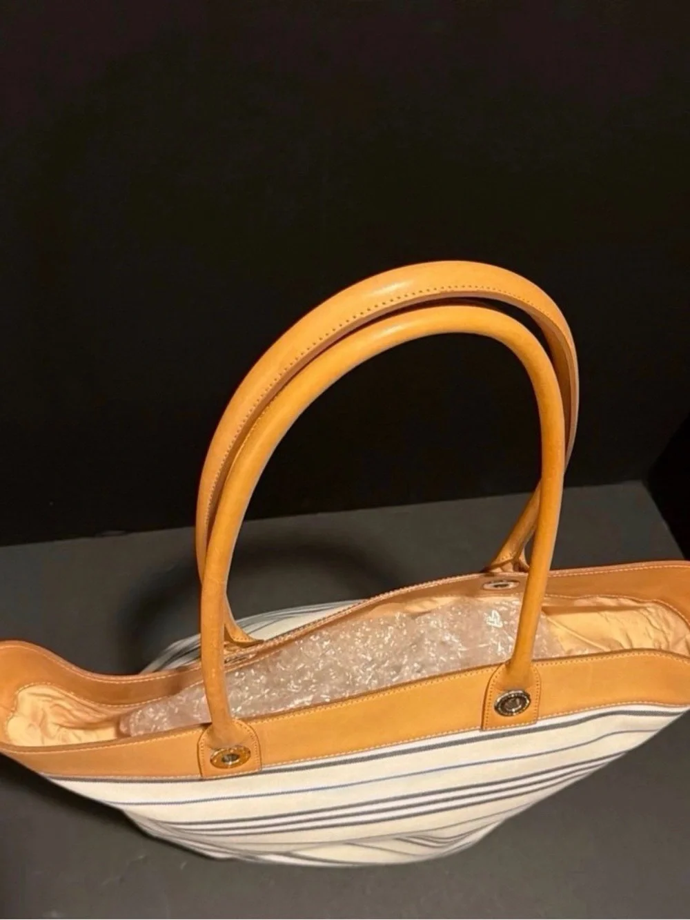 Burberry Cream and Tan Striped Canvas Tote